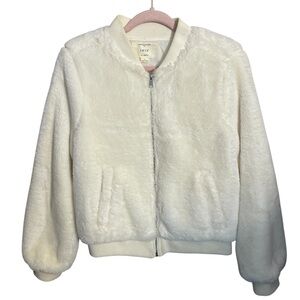 IRIS Faux Fur Zip Bomber Jacket Off White Size large